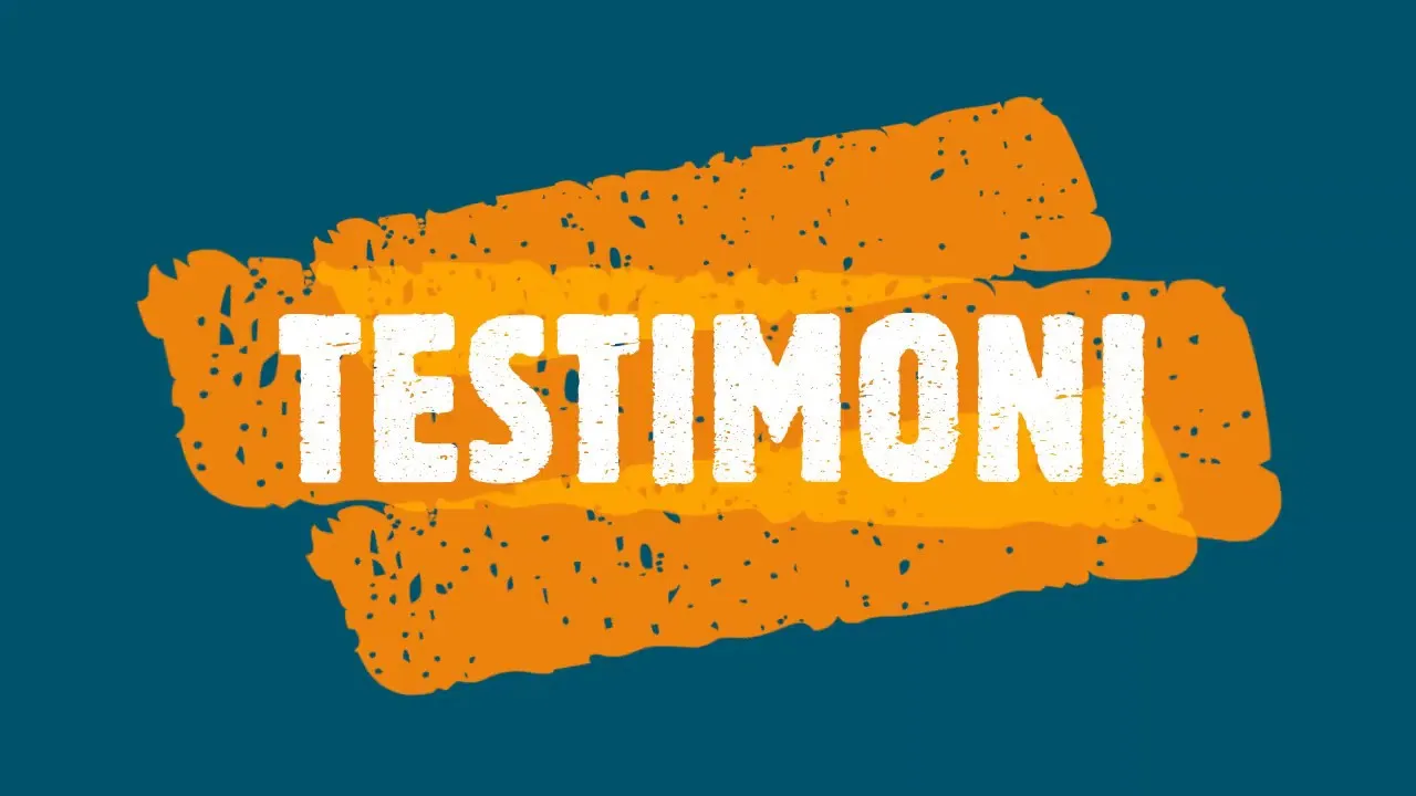 Gambar testimoni: tulisan TESTIMONI di atas dua sapuan kuas oranye pada latar biru tua